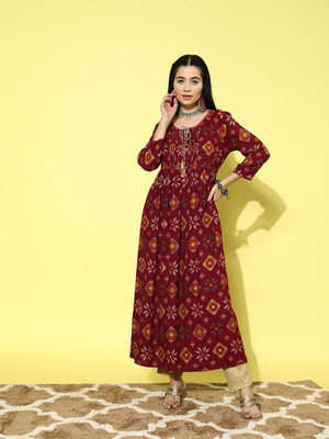 all about you Women Printed Anarkali Kurta(Maroon)