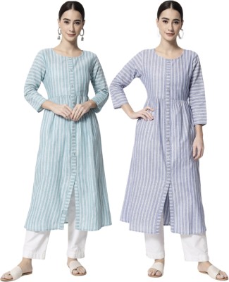 Ladylaz Women Striped Ethnic Dress Kurta(Light Blue, White)