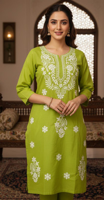 ZEHRACHIKAN Women Chikan Embroidery, Embroidered Straight Kurta(Maroon)