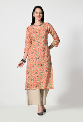 Ambi Women Printed A-line Kurta(Orange)