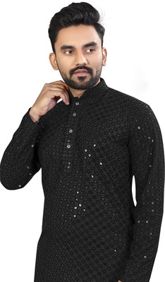 KriKan Men Chikan Embroidery A-line Kurta(Black)
