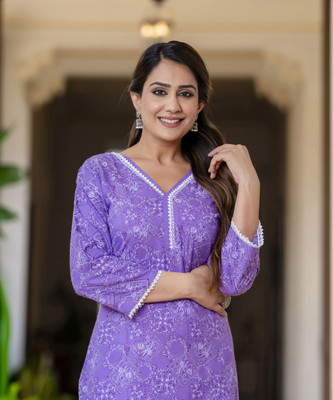 yeoja creation Women Printed Straight Kurta(Purple)