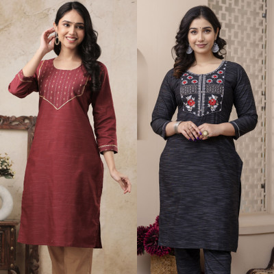 AuzaSho Collection Women Embroidered Straight Kurta(Multicolor)