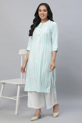 Aurelia Women Striped Straight Kurta(Blue)