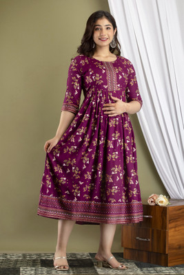 Priyas Creation Women Floral Print Anarkali Kurta(Purple, White)