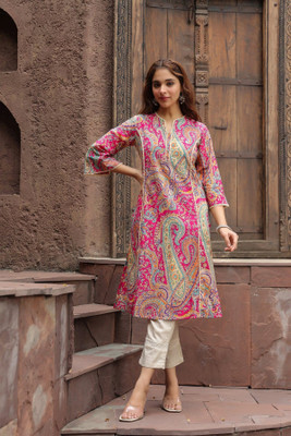 NEW STYLISH Women Floral Print A-line Kurta(Maroon, White, Gold)