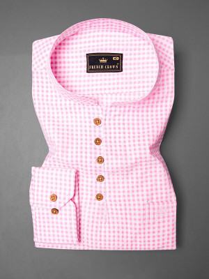 french crown Men Checkered Straight Kurta(Pink)
