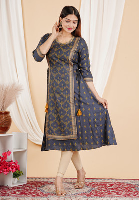 Miyanbazaz Women Embroidered Flared Kurta(Light Blue)