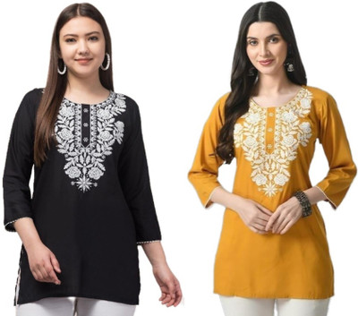 Synthify Women Chikan Embroidery A-line Kurta(Black, Yellow)