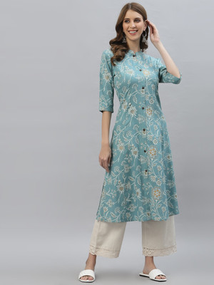 PYARELAL Women Floral Print A-line Kurta(Blue)