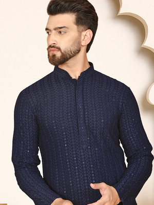 ANOUK Men Embroidered Straight Kurta(Blue)