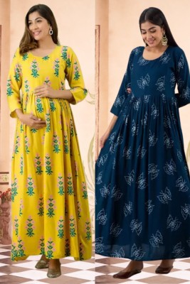 RANGRAIL Women Printed Gown Kurta(Blue)