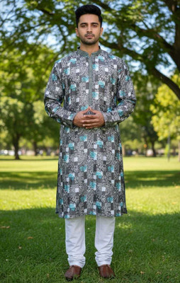 Kunj Icons Men Geometric Print Ethnic Dress Kurta(Grey)