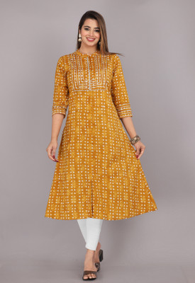 Kriftee Women Printed A-line Kurta(Yellow)