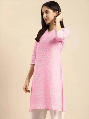 vestito Women Chikan Embroidery A-line Kurta(Pink)