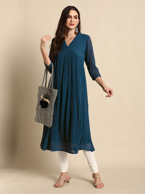 Janasya Women Woven Design Flared Kurta(Blue)