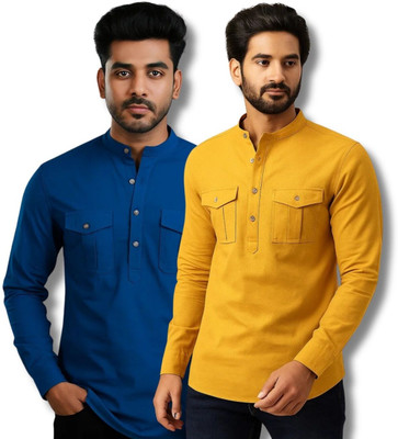 ModeNex Men Solid Straight Kurta(Dark Blue, Yellow)