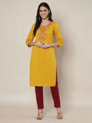 Trend Level Women Embroidered Straight Kurta(Yellow)