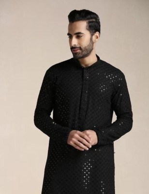 MENTIFIC Men Chikan Embroidery Straight Kurta(Black)