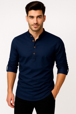 LYPLO Men Solid Straight Kurta(Blue)