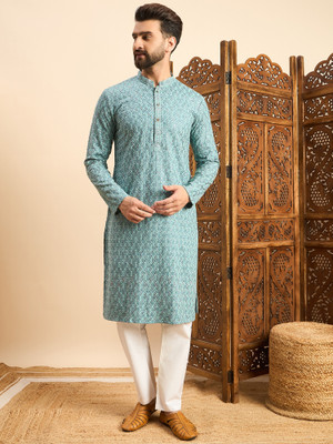 House of Pataudi Men Embroidered Straight Kurta(Light Blue)