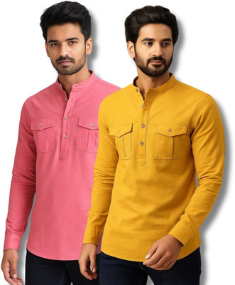 MAHIRAN Men Solid Straight Kurta(Pink, Yellow)
