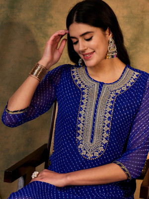 Indo Era Women Printed Straight Kurta(Dark Blue, Beige)