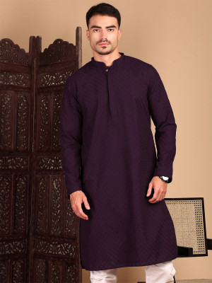House of Pataudi Men Solid Straight Kurta(Purple)