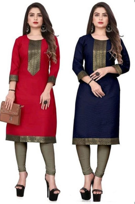 Maaa Meladi CreationS Women Solid Straight Kurta(Blue, Red)