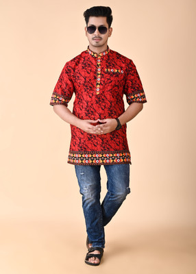 COSMOS ART ENTERPRISE Men Printed Straight Kurta(Red)