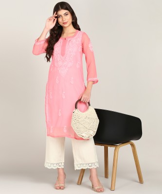 VAHSON Women Chikan Embroidery, Embroidered A-line Kurta(Pink, White)