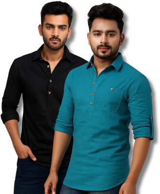 VIMASUTI Men Solid Straight Kurta(Black, Blue)
