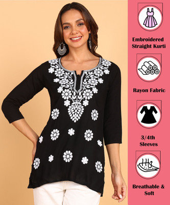 TOP N THREAD Women Chikan Embroidery, Embroidered, Self Design A-line Kurta(Black)