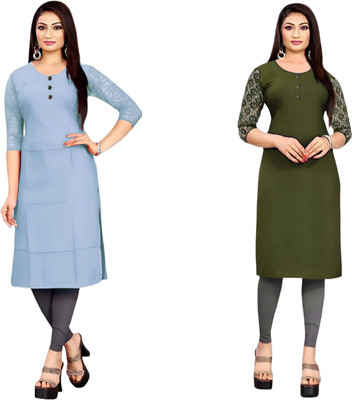 HOFC Women Solid Straight Kurta(Grey, Green)