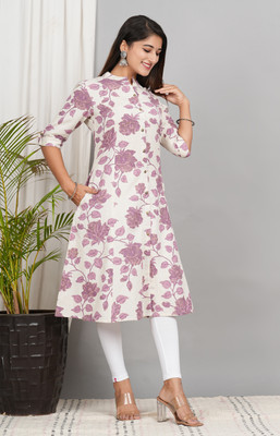 vastraagman Women Floral Print A-line Kurta(Purple)