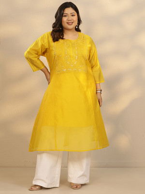 EXTRA LOVE BY LIBAS Women Embroidered A-line Kurta(Yellow)