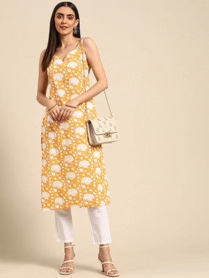 Lamba Creations Women Printed Straight Kurta(Yellow)