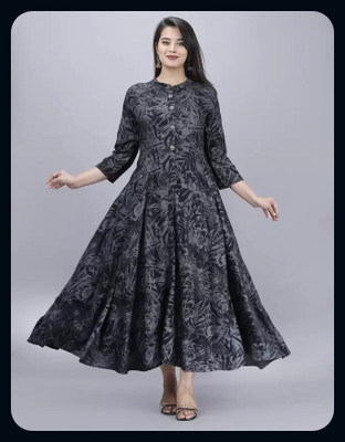 RACHNA FASHION Women Printed Flared Kurta(Grey, Black)