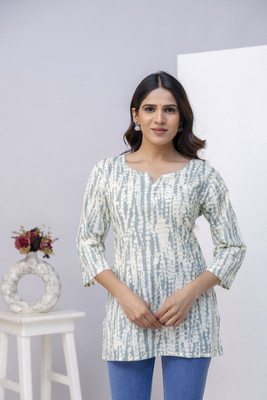 qulby Women Printed, Abstract Tunic Kurta(White, Light Blue)