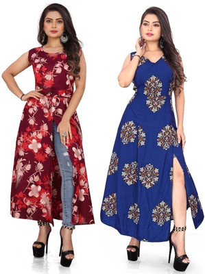 tanvi creation Women Printed Frontslit Kurta(Blue)