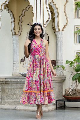 Jollity Women Printed Flared Kurta(Pink)