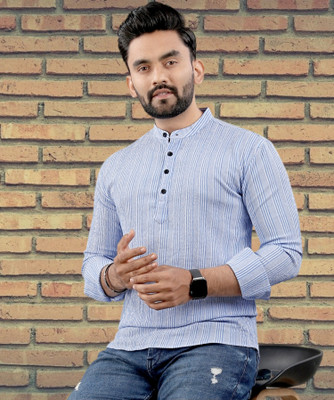 SHAJARA Men Striped Straight Kurta(Light Blue)