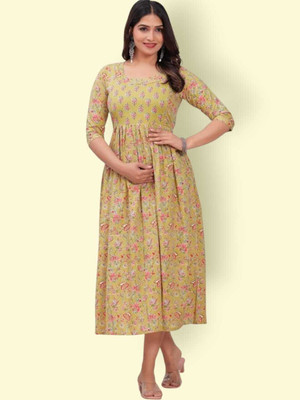 HOUSE OFF COMMON Women Printed Anarkali Kurta(Yellow)