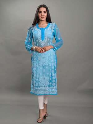 rajeraj Women Embroidered Straight Kurta(Light Blue)