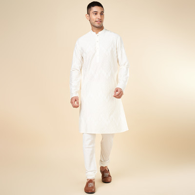Indus Route by Pantaloons Men Striped, Self Design A-line Kurta(White)