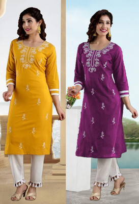 vikshi Women Chikan Embroidery Straight Kurta(Multicolor)