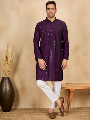 House of Pataudi Men Embroidered Ethnic Dress Kurta(Purple)