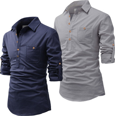 Vida Loca Men Solid Pathani Kurta(Dark Blue, Grey)