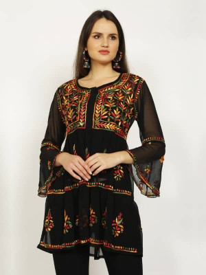 Nazaqat Women Chikan Embroidery A-line Kurta(Black)