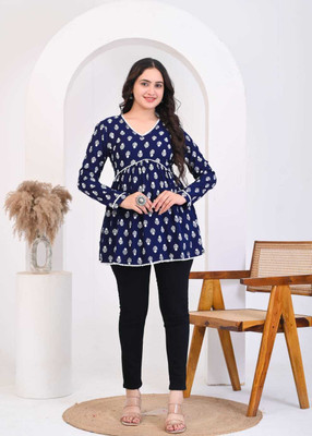 RAINU Women Block Print, Printed Flared Kurta(Blue)